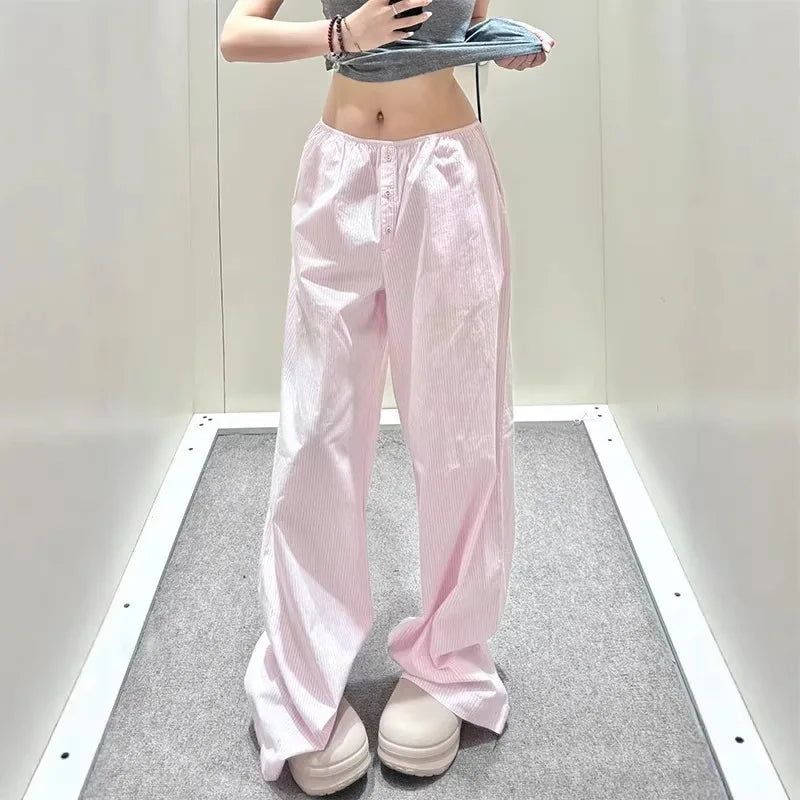 AIERTU  -  New Ins Korean Style Pink Striped Wide Leg Pants Women High Waist Loose Plus Size Casual Long Pants Summer Lounge Trousers Aiertu