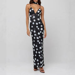 AIERTU  -  Elegant Polka Dot Spaghetti Straps V-Neck Sleeveless Suspender High Waist Slim Maxi Long Dress Evening Gown Party Dress Beach Aiertu