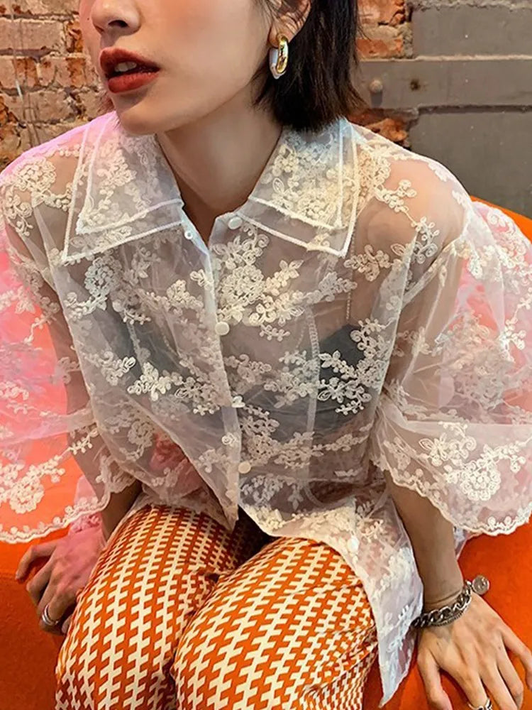 Aiertu Puff Sleeve Lace Loose T Shirt Women Summer See Through Short Sleeve Double Collar Design Oversize Embroidery Tops Tees Aiertu