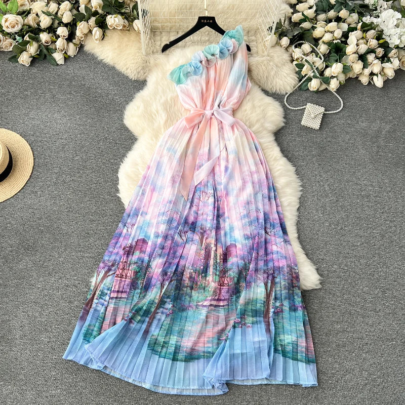 Chic Fashion Women Summer Floral Print Ruffles Skew Collar Off Shoulder Dresses Slim Elegant Pleated Vestidos Mujer Aiertu