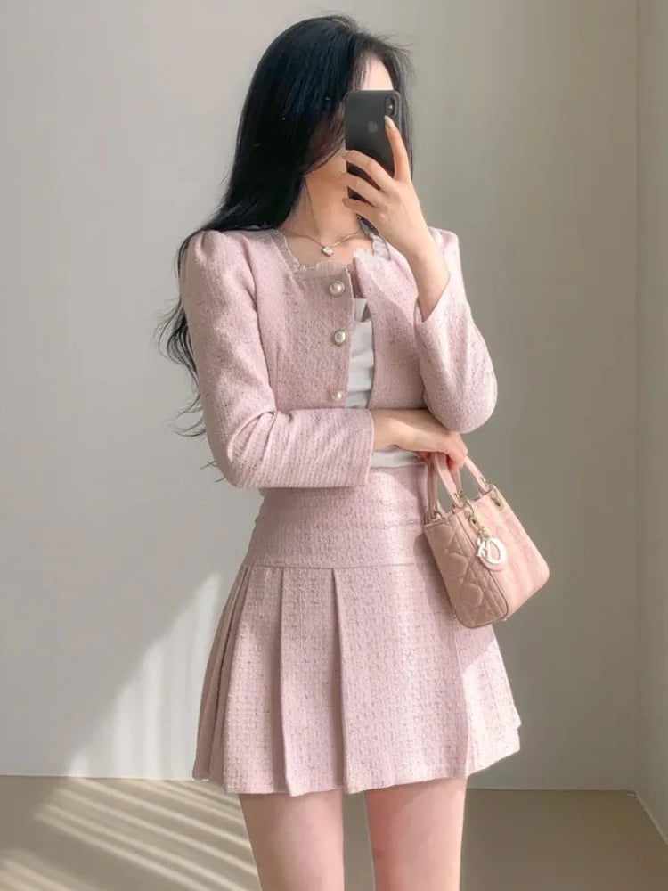 Aiertu Fashion Korea Elegant Tweed Small Fragrance Short Jacket Cropped Coats + High Waist Mini Skirts Suits Slim Women Two Piece Sets Aiertu