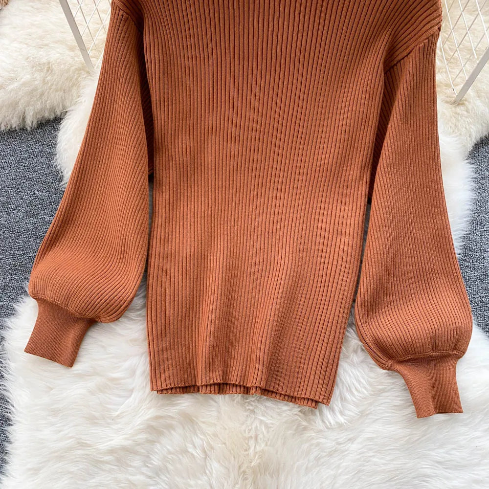 Aiertu  Women Retro Sweater Suits Fashion Lantern Sleeve Sheath Knitted Top+Elastic Loose Long Skirt Two Pieces Sets Aiertu