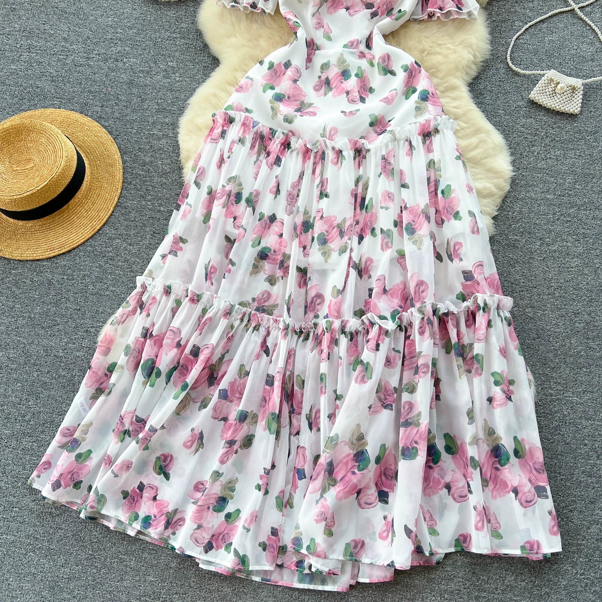 Aiertu  Beach Vacation Floral Print Dress Women Backless Lace Up Cross Bandage Ruched Korean Hotsweet Fashion Party Long Dress Aiertu