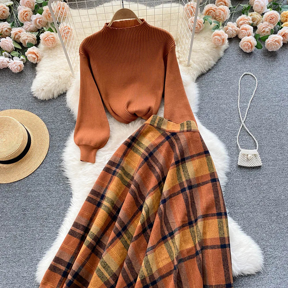 Aiertu  Women Retro Sweater Suits Fashion Lantern Sleeve Sheath Knitted Top+Elastic Loose Long Skirt Two Pieces Sets Aiertu