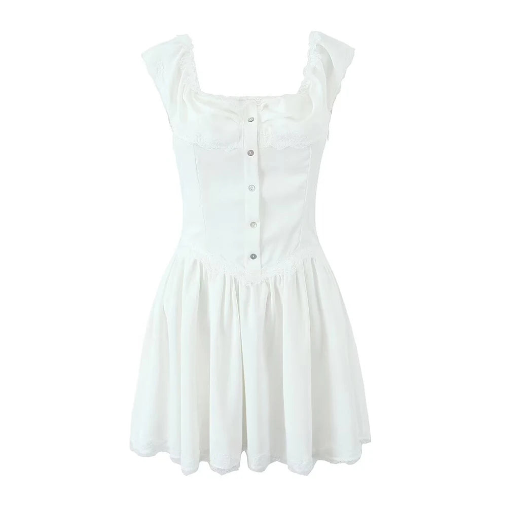 Aiertu-2024 Women's French vintage single-breasted lace ruffle one-shoulder dress. summer. new style. Chic mini skirt. Aiertu