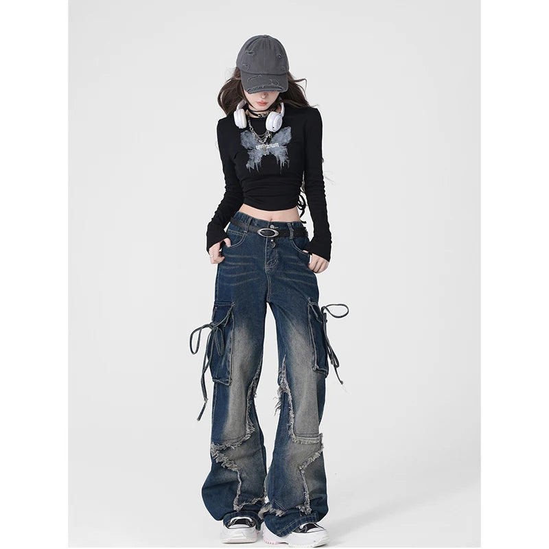 Aiertu American Retro Stars Tassels High Waist Straight Jeans Pants Women's Casual Baggy Y2K Wide Leg Grunge Streetwear Denim Trouser Aiertu