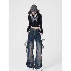 Aiertu American Retro Stars Tassels High Waist Straight Jeans Pants Women's Casual Baggy Y2K Wide Leg Grunge Streetwear Denim Trouser Aiertu