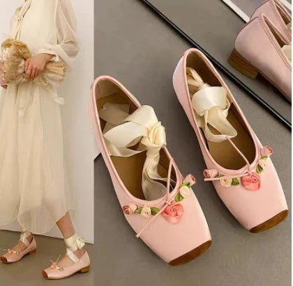 Aiertu NEW Classic Silk Ballet Shoes Lace Up Ballet Shoes Women Square Toe Bowtie and Rose Flower Women Flats Elegant Valentine Shoes Aiertu