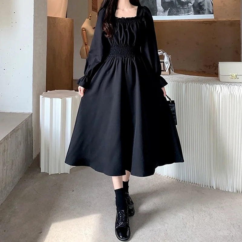 Aiertu Vintage Black Dress Women French Elegant Square Collar Long Sleeve Midi Dress Autumn Ladies Retro Clothes Chic Korean Aiertu