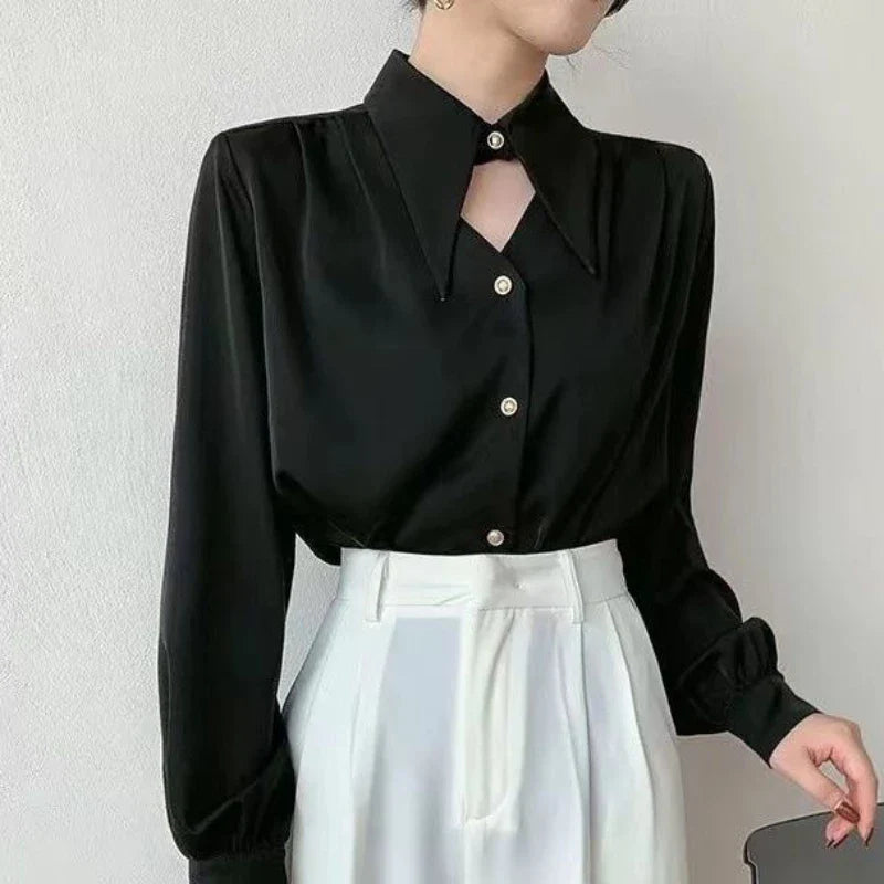 Aiertu Casual Shirts Women Fashion Romantic Solid Soft V-Neck Streetwear Spring All-match Hollow Out Retro European Style Simple Design aiertu