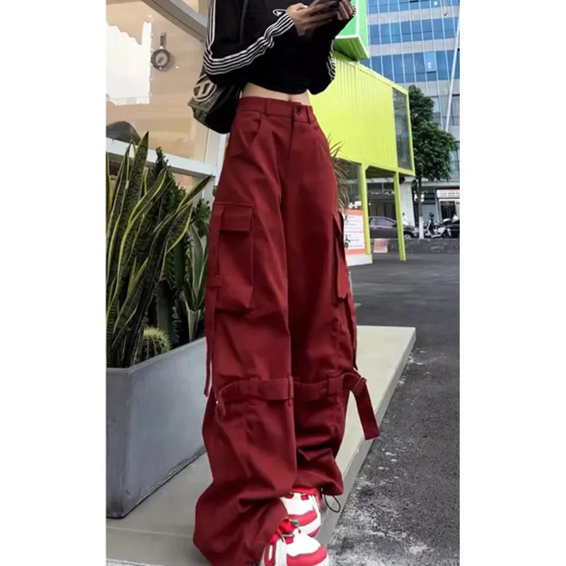 Aiertu Vintage Casual High Waist Red Cargo Pocket Pants For Women Streetwear Style Wide Leg Overalls Baggy Y2K Trouser 2024 Aiertu