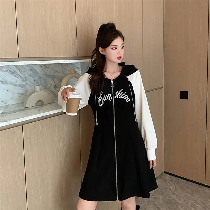 Aiertu Korean Style Oversize Hooded Dress Women Preppy Style School Student Casual Letter Sport Mini Short Dresses Autumn Aiertu