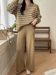 Women Casual Knit Two Piece Set Striped Long Sleeve Loose Pullover Sweater and Pants Fall Sets Office Winter Women Outfit Aiertu