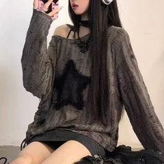 Aiertu Y2K Grunge Hole T-Shirt Star Print Ripped Streetwear Off Shoulder Tops Vintage Harajuku Oversized Kpop Long Sleeveloose Tees Aiertu