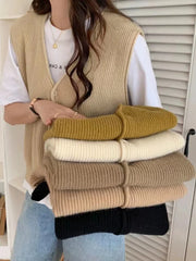 New Casual Vertical Striped Simple Knitted Vest Women's Sleeveless Top V-neck Short Knitted Vest Cardigan Jacket Women Sweater Aiertu