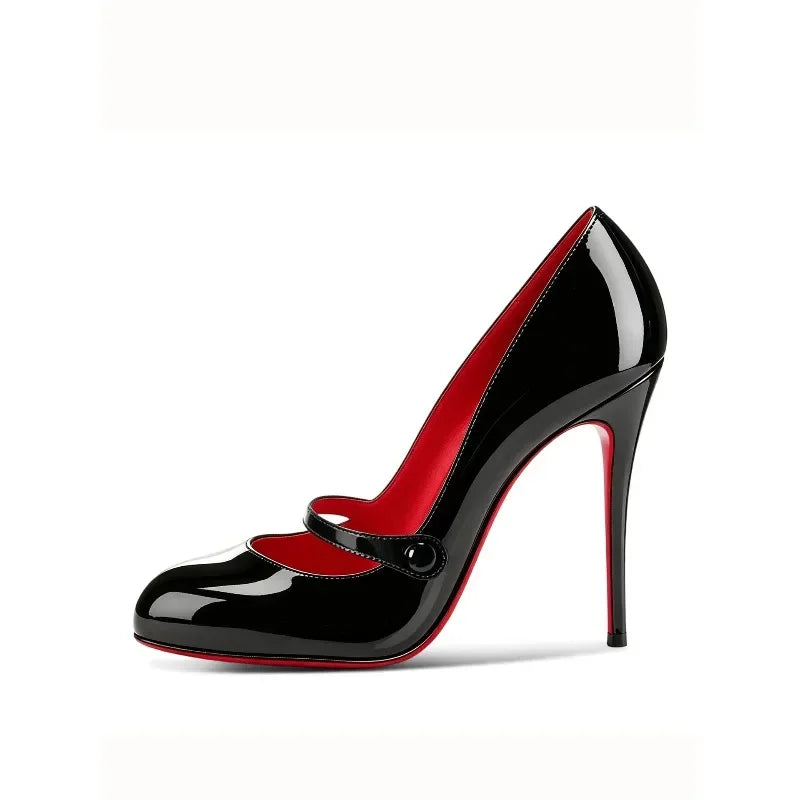 AIERTU  -  New Slim Heel sexy Shallow Mouth 12cm Round Toe Women's Straight Line with Rhinestone Buckle Retro Mary Jane Single Shoe Aiertu