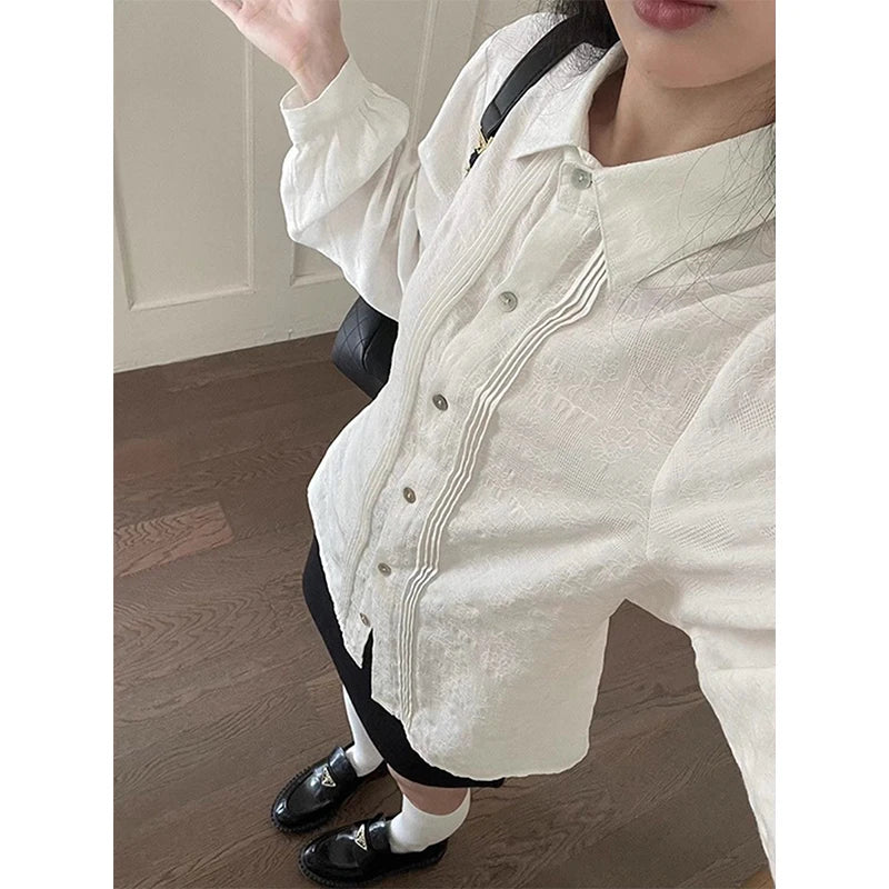 Aiertu Vintage White Shirts Women Japanese Preppy Bandage Long Sleeve Blouses Summer Harajuku Korean Basic Single Breasted Chic Tops Aiertu