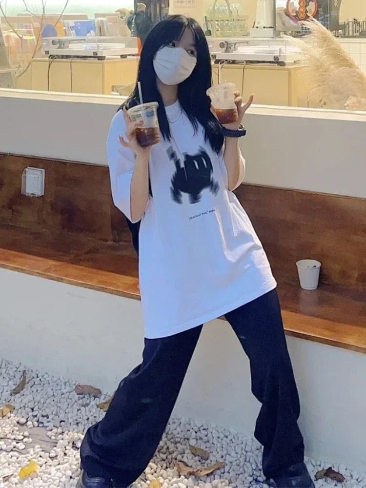 Aiertu Summer Y2k Aesthetic Print Basic Short Sleeve T-shirts Streetwear All Match Loose Tops Women Casual Harajuku Oversize O Neck Tee Aiertu