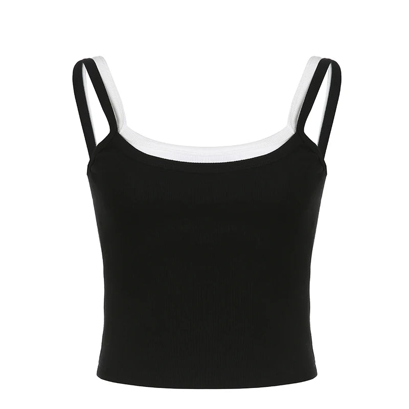 Aiertu Contrast Fake Two-piece Crop Top Casual Patchwork Sleeveless Fashion Camis Vintage y2k Women Summer Tees Ladies Mini Vest Aiertu