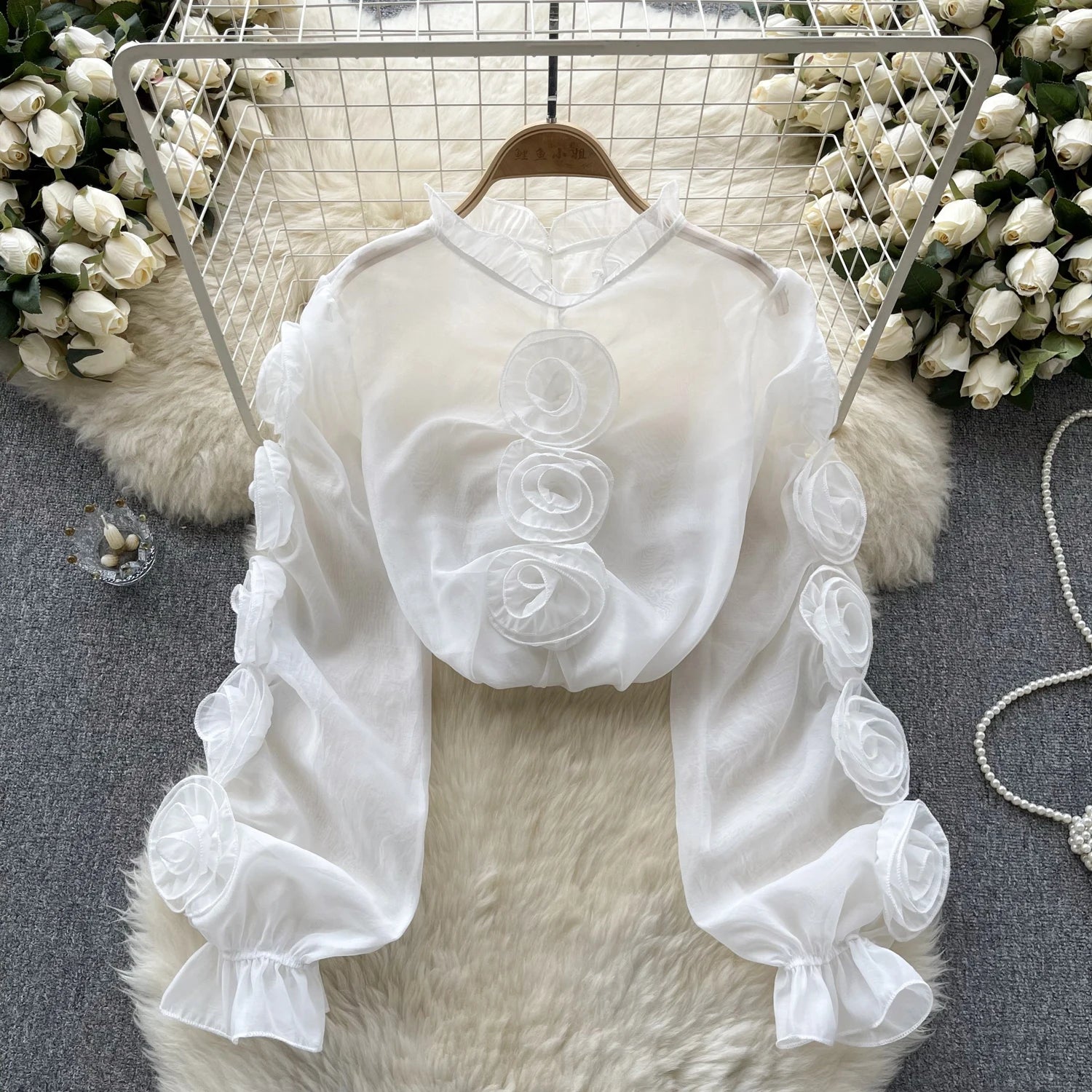 Aiertu  High Quality Organza Women Blouse Ruffles Neck Long Sleeves Loose Sweet Top Korean Style 3D Floral Sheer Shirt Aiertu