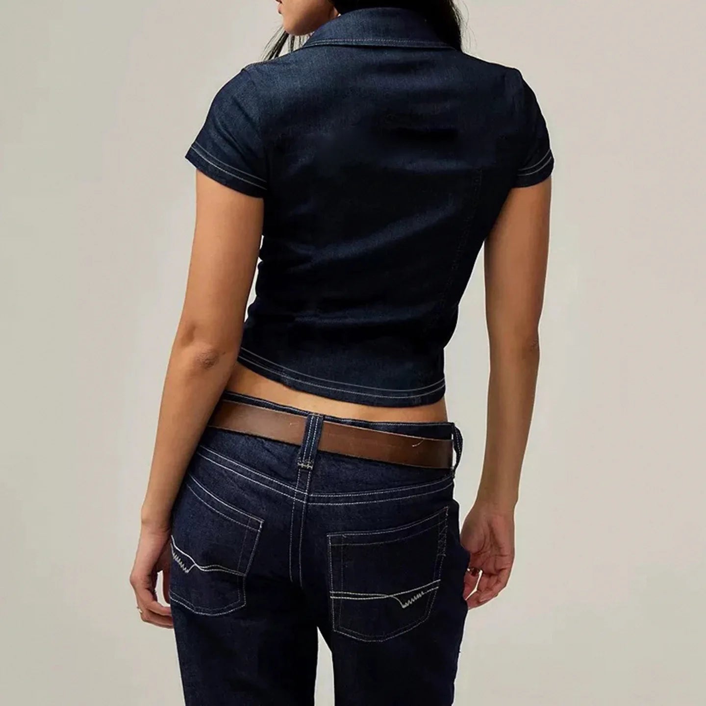 AIERTU  -  New Women's Street Workwear Style Imitation Denim Slim Fit Pocket Lapel Slimming Short Sleeved Shirt Aiertu