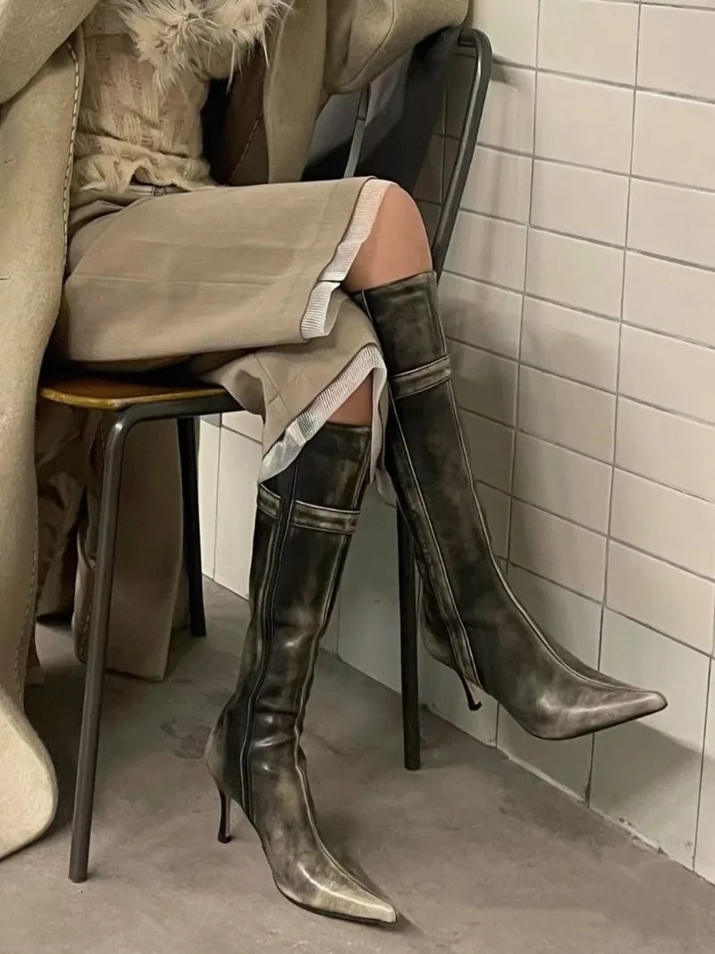 AIERTU  -  Retro Women's Shoes Luxury Genuine Leather Knee High Boots for Woman French Pointed High Heeled Boots Designer Shoes Botas Mujer Aiertu