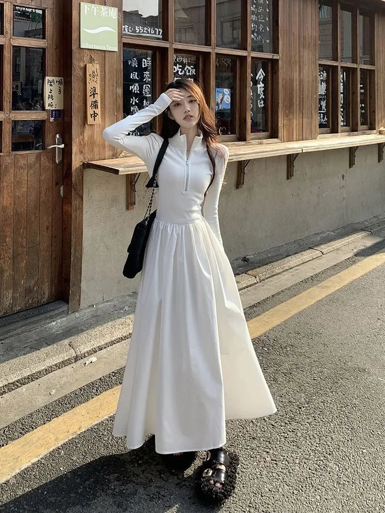 Aiertu 2024 Autumn Korean Style Zip White Dress Women Kpop Wrap Long Sleeve Long Dresses Streetwear Solid Simple Ladies Chic Aiertu