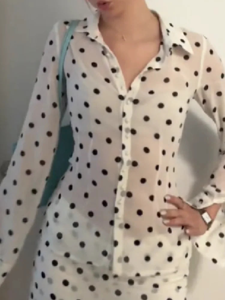 AIERTU  -  Matching Polka Dot Outfit For Women Trendy Lapel Placket Front Sheer Blouse Bodycon Mini Skirt Suit Lady's Casual Night Out Set Aiertu