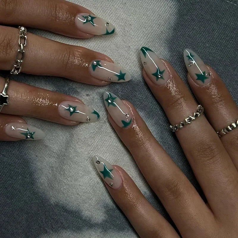 Aiertu 24Pcs Simple Green French False Nails Short Almond Fake Nails with Wave Line Design Wearable Round Head Press on Nail Tips Aiertu
