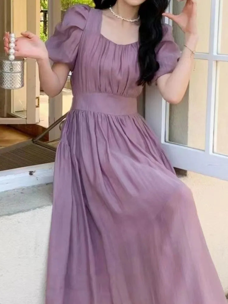 Aiertu Elegant and Chic Women Solid Summer Dress Vintage A-Line Short Sleeve Party Prom Dresses Female Clothes Long Robe New Aiertu