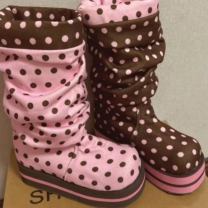 AIERTU  -  Chocolate Pink Polka Dot Thick Soled Pleated Middle Tube Pile Boots Cute Sweet Girl's Short Boots Women Shoes Aiertu
