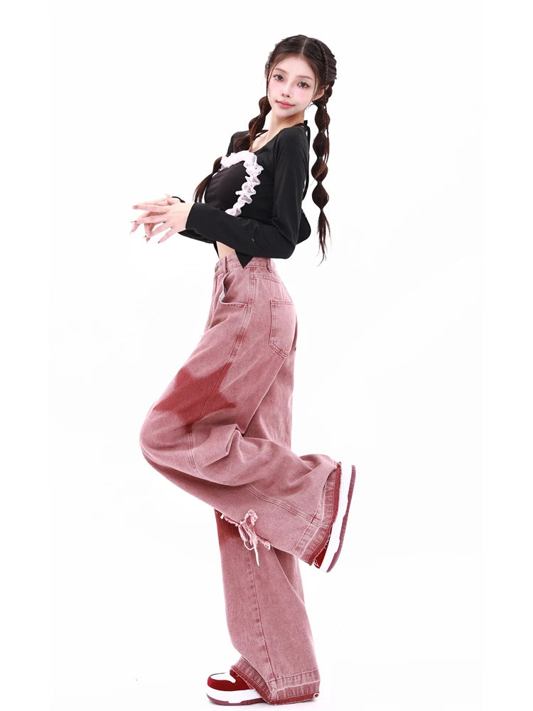Aiertu Women's Vintage Red Wide Leg Star Jeans 90s Fashion Aesthetic Denim Trousers Harajuku 2000s High Waist Baggy Jeans Pants Clothes Aiertu