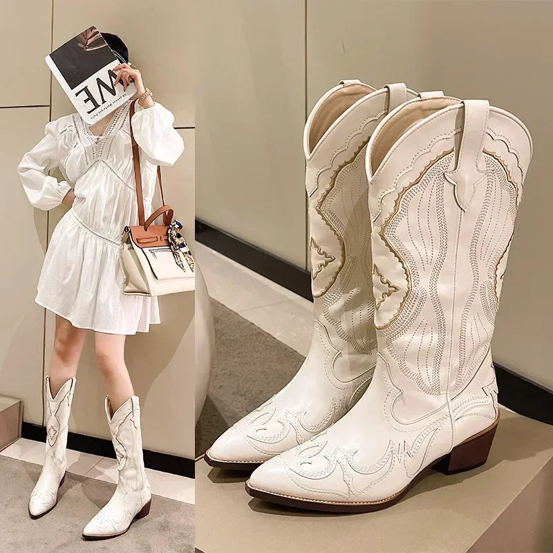 23 Women's Embroidered Western Mid Calf Boots Cowboy Square Heels Boots Pointed Toe Platform Boots Women Western Shoes Aiertu