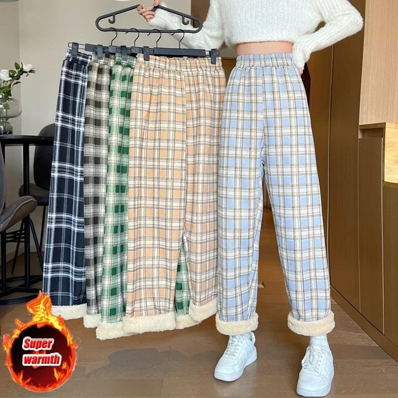 Aiertu Fashion Warm Plush Pants Cashmere Thick Plaid Ladies Winter Casual Loose Wide-legged Pants Korean Streetwear Students Aiertu