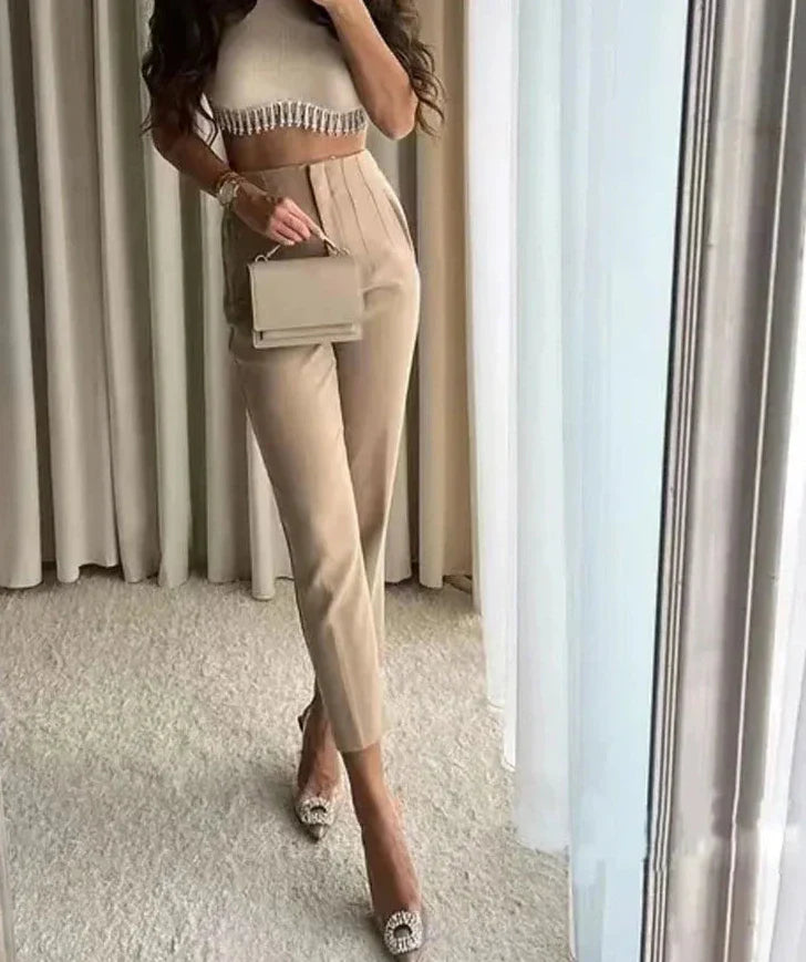 Aiertu Women Fashion With Pockets Casual Basic Solid Pants Vintage High Waist Zipper Fly Female Ankle Trousers Pantalones Mujer aiertu