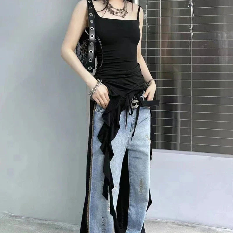Aiertu Sexy Tank Top Asymmetrical Black Y2k Women Ruffle Grunge Backless Coquette Fashion Streetwear Tops Solid Aesthetics Aiertu