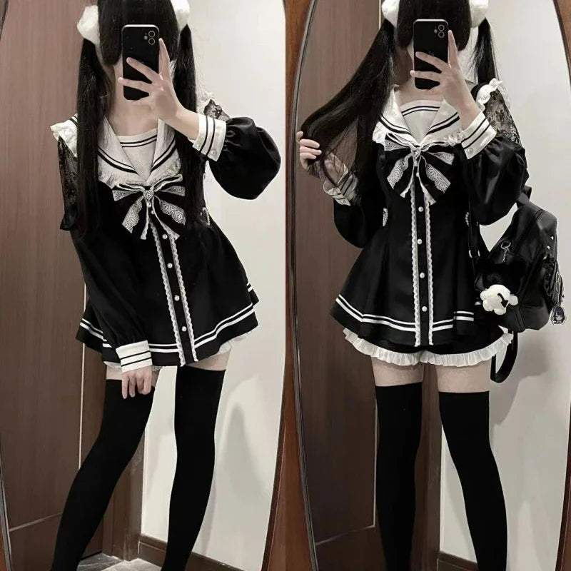 Aiertu DRESS TO IMPRESS Japanese Black Gothic Y2k Lolita Bow Dress Shorts Set Women Vintage Sweet Long Sleeve Shirt Party Dresses Slim Mini Dress 2000s Aiertu
