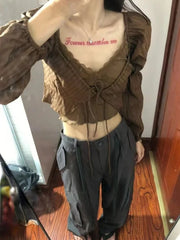 Aiertu Y2k Aesthetic Fashion Two Piece Set Preppy Style Bandage Shirt + Streetwear Lace Patchwork Crop Top Vest 2  Suits Summer Aiertu