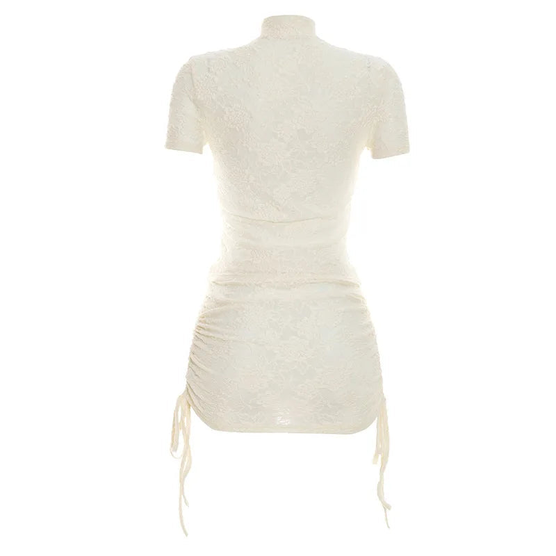 AIERTU  -  Vintage Lace Floral Embroidered Buckle T shirts Ruched Drawstring Sheer Mini Skirts Two Piece Sets for Party Event Summer Aiertu