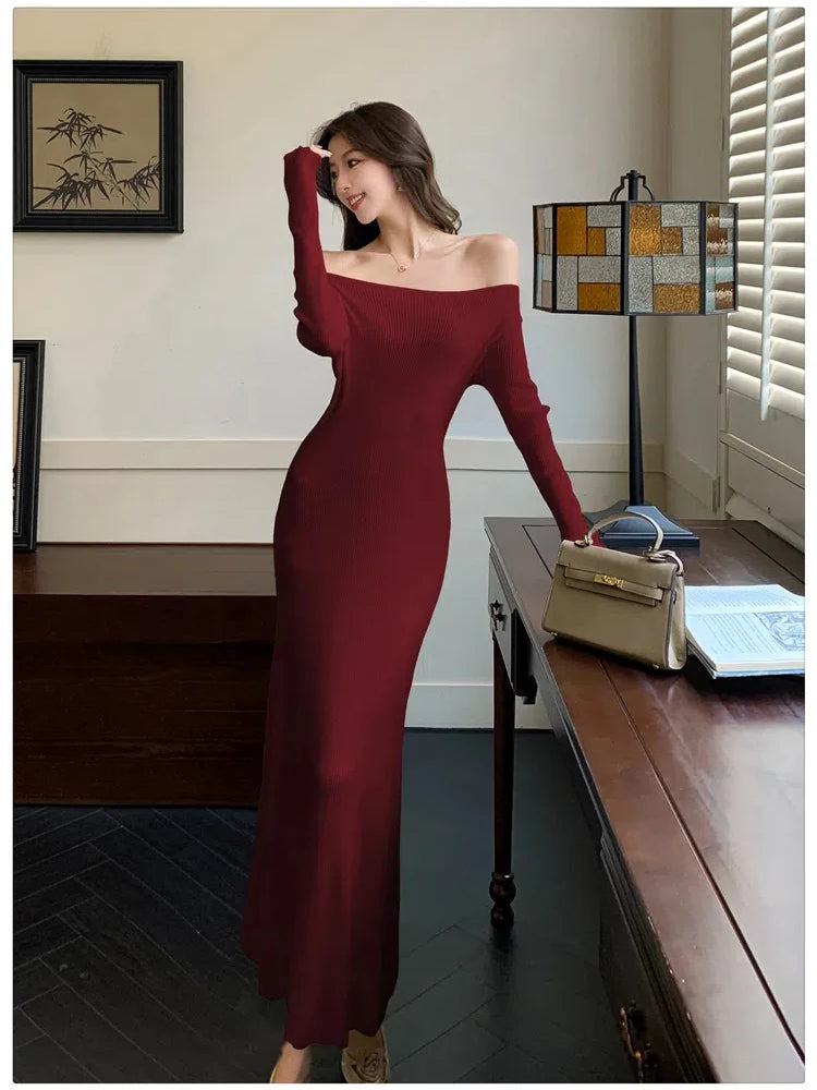 Aiertu DRESS TO IMPRESS Autumn Elegant Sexy Solid Midi Knit Dress Women Long Sleeve Slim Spring New French Vintage Wedding Party Vestidos Robe Mujers Aiertu