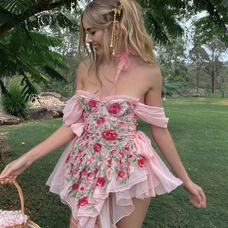 Aiertu Elegant Floral Print Chiffon Dress Pink Side Bandage Aesthetic Irregular Ruffle Mini Dresses Boho Sweet Outfit Party Vacation Aiertu