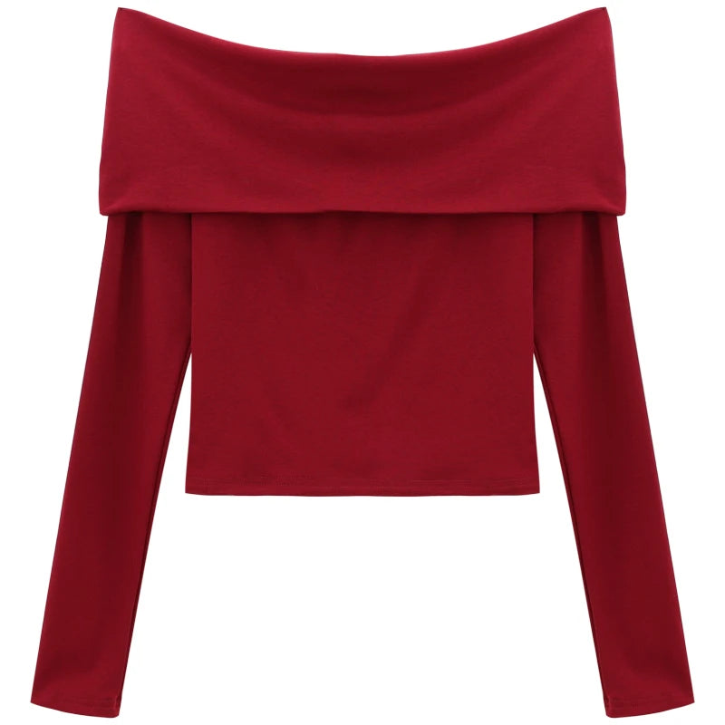 Aiertu Sexy Tops Off Shoulder Long Sleeve Crop Top Women's Autumn/Winter New Spicy Girl Slim Fit Short Red T-shirt Aiertu