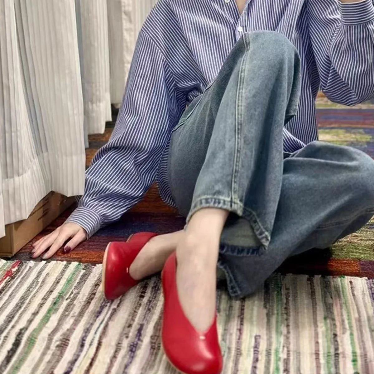 AIERTU  -  Red Round Toe Women's Mary Jane Flats Spring Cute Slip On Big Toe Ballet Flats Shoes Size 35-40 Aiertu