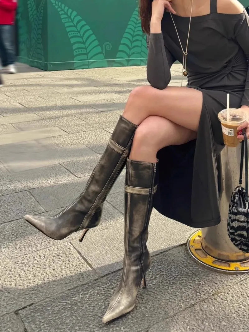 AIERTU  -  Retro Women's Shoes Luxury Genuine Leather Knee High Boots for Woman French Pointed High Heeled Boots Designer Shoes Botas Mujer Aiertu