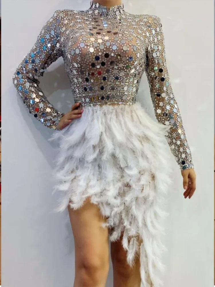 Aiertu Women Birthday Celebrate Wedding Bar Latin Dresses Dance Dress Sparkly Silver Sequins Feather Dress Aiertu