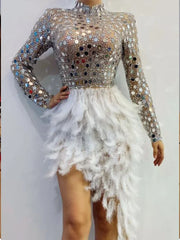 Aiertu Women Birthday Celebrate Wedding Bar Latin Dresses Dance Dress Sparkly Silver Sequins Feather Dress Aiertu