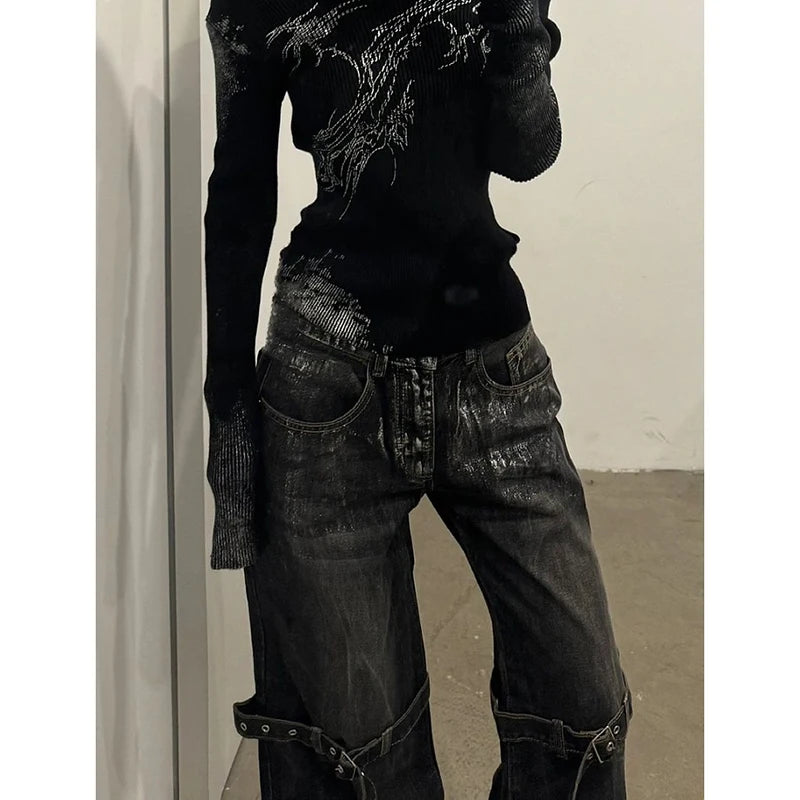 Aiertu Black Women's Jeans High Waist Hip Hop Straight Fashion Pants Streetwear Harajuku Y2K Star 2024 Female Wide Leg Denim Trouser Aiertu