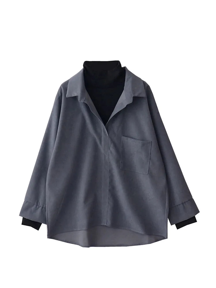 Aiertu Fake Two Piece Shirt Women Patchwork Turtleneck Turn-down Collar Autumn Winter Casual Lady Long Sleeves Female Loose Blouse Tops Aiertu