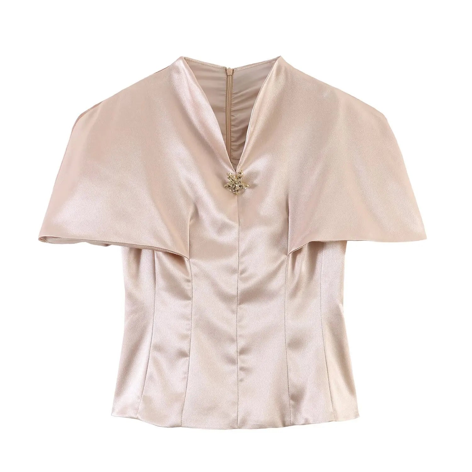 AIERTU  -  Summer New Women's Clothing Silk Satin Texture Slim Stand-up Collar Cape Waist Short-sleeved Shirt Top Aiertu