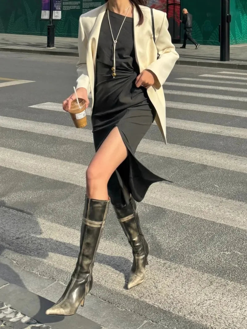 AIERTU  -  Retro Women's Shoes Luxury Genuine Leather Knee High Boots for Woman French Pointed High Heeled Boots Designer Shoes Botas Mujer Aiertu